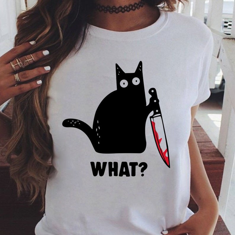Black Cat What Funny Killer Kitten Halloween Horror T T Shirt 